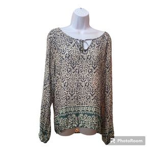 LUCKY BRAND Ladies Boho Blouse Green Blue Size Medium